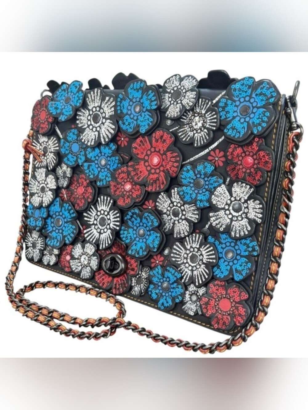 Coach Dinky 32 EUC Floral Appliqué Crossbody Bag -Black with Blue, Red & White